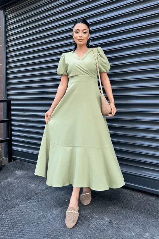 Linen Fabric Crossover Collar Midi Dress - GREEN - BÜYÜKBEDENIZ