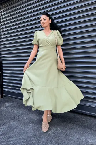 Linen Fabric Crossover Collar Midi Dress - GREEN - BÜYÜKBEDENIZ (1)