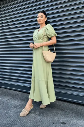 Linen Fabric Crossover Collar Midi Dress - GREEN - 3