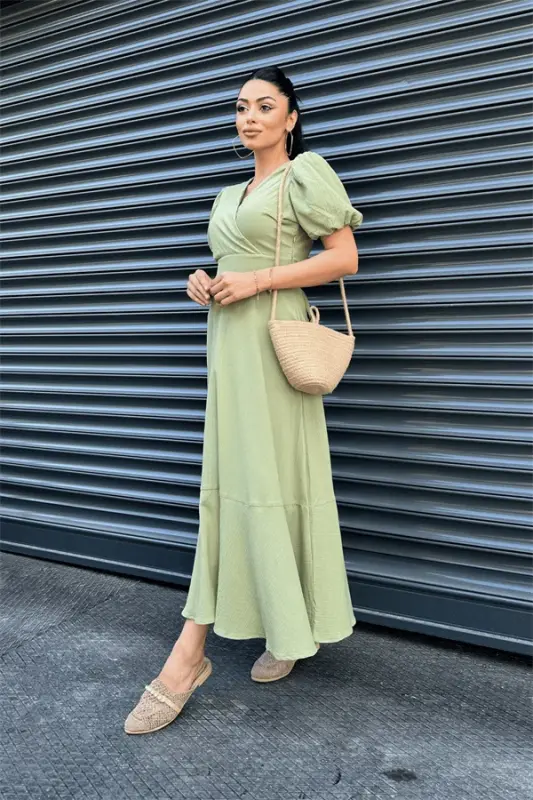 Linen Fabric Crossover Collar Midi Dress - GREEN - 3