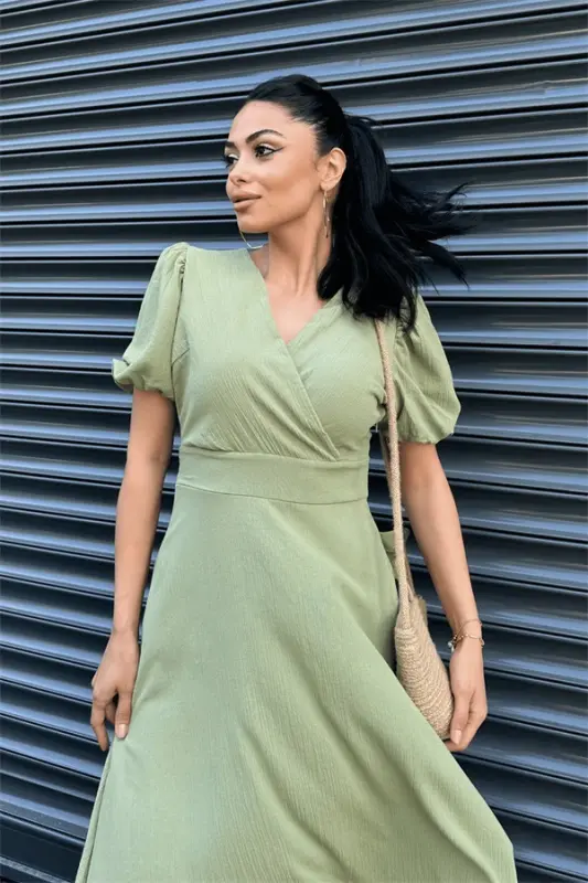 Linen Fabric Crossover Collar Midi Dress - GREEN - 4