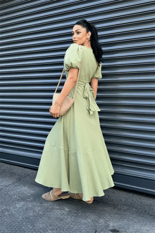 Linen Fabric Crossover Collar Midi Dress - GREEN - 5