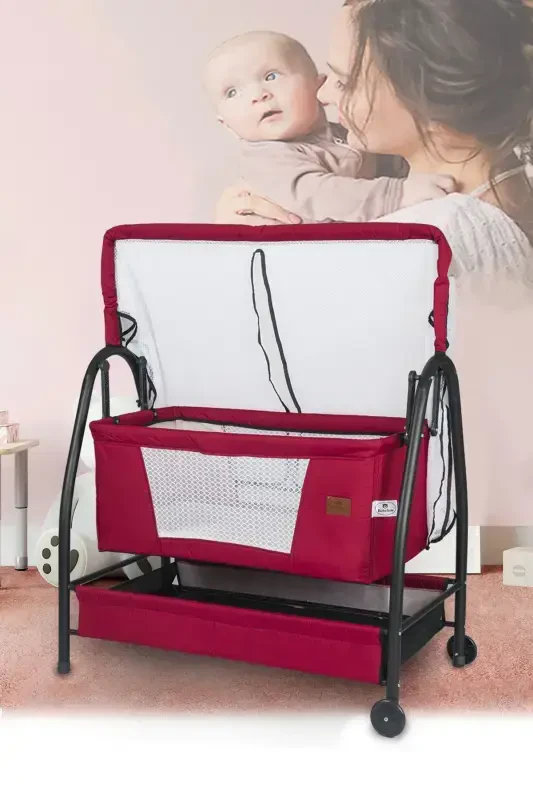 Linen Fabric Profile Rockable Portable Bedside Crib with Canopy Black Hammock Basket Diamond Cradle-burgundy - BEBELOVV