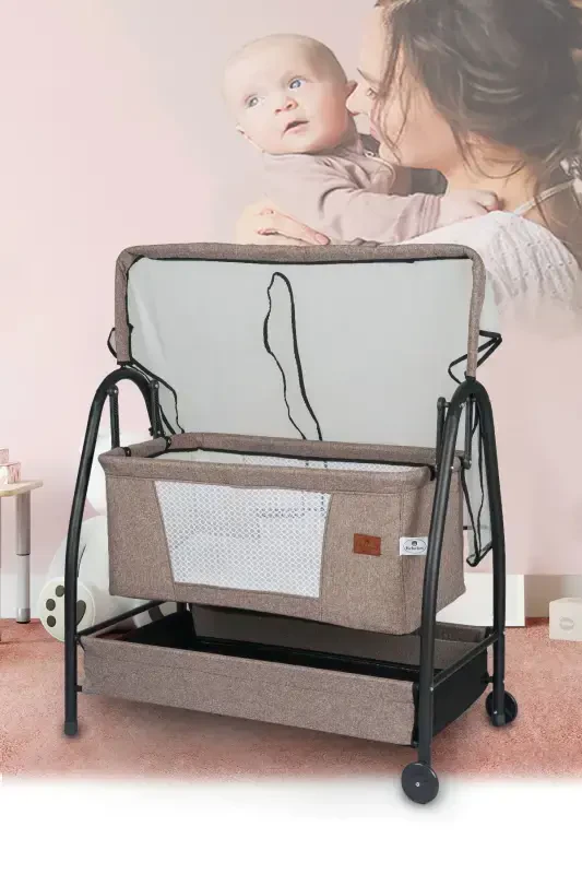 Linen Fabric Profile Rockable Portable Bedside Crib with Canopy Black Hammock Basket Diamond Cradle-coffee - 1