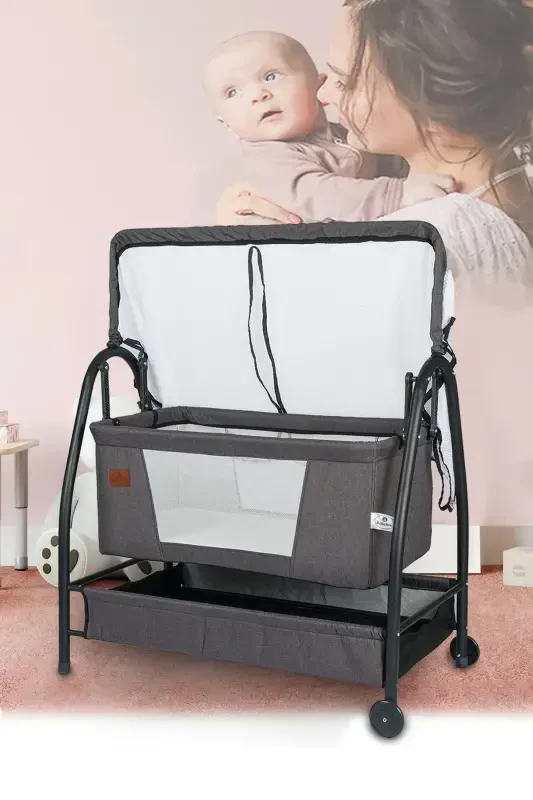 Linen Fabric Profile Rockable Portable Bedside Crib with Canopy Black Hammock Basket Diamond Cradle-Gray - BEBELOVV