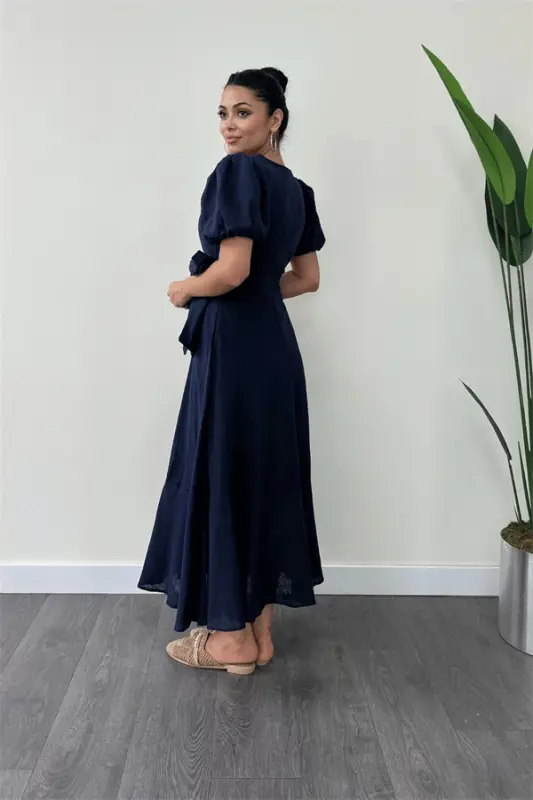 Linen Fabric Wrap Midi Dress - NAVY BLUE - 6