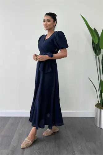 Linen Fabric Wrap Midi Dress - NAVY BLUE - 1