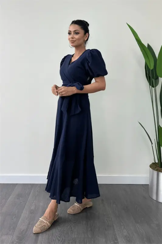 Linen Fabric Wrap Midi Dress - NAVY BLUE - BÜYÜKBEDENIZ