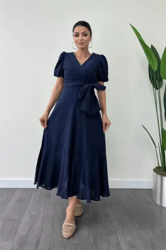 Linen Fabric Wrap Midi Dress - NAVY BLUE - BÜYÜKBEDENIZ (1)