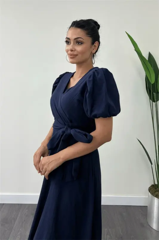 Linen Fabric Wrap Midi Dress - NAVY BLUE - 3
