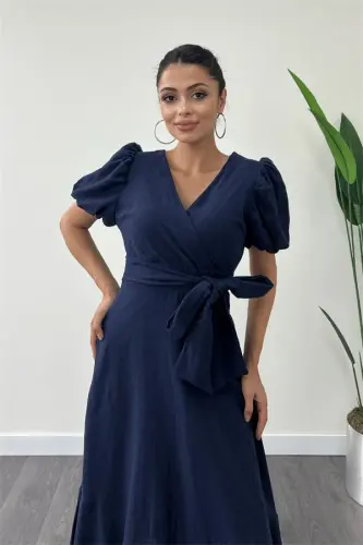 Linen Fabric Wrap Midi Dress - NAVY BLUE - 4