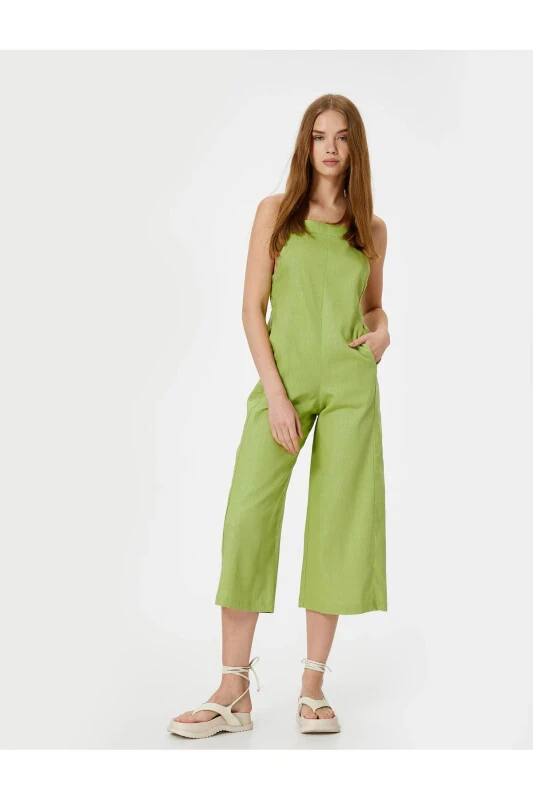 Linen Jumpsuit Capri Length Pocketed Thin Straps Back - KOTON