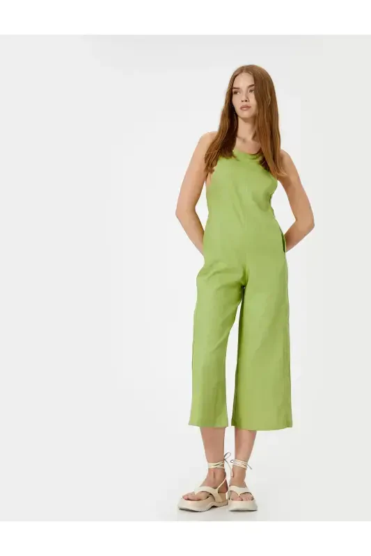 Linen Jumpsuit Capri Length Pocketed Thin Straps Back - 2