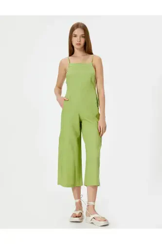 Linen Jumpsuit Capri Length Pocketed Thin Straps Back - 3