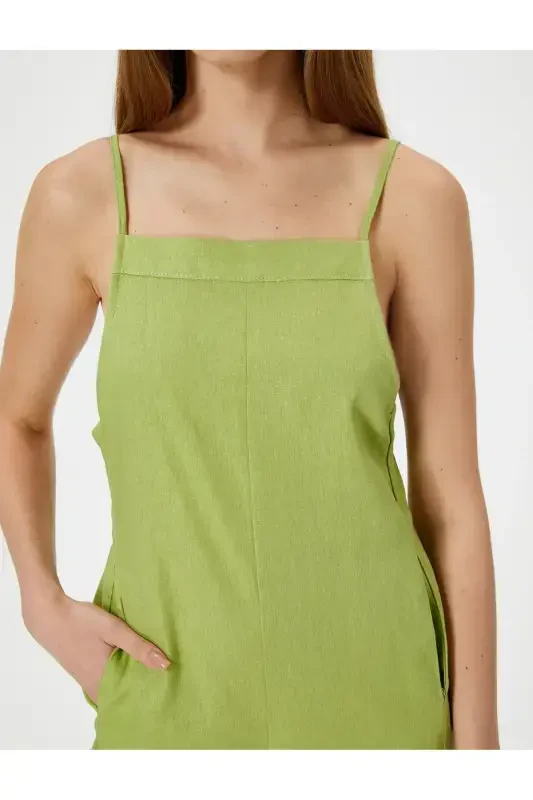 Linen Jumpsuit Capri Length Pocketed Thin Straps Back - 5