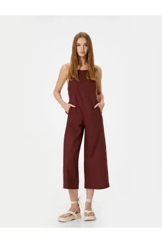 Linen Jumpsuit Capri Length Pockets Thin Straps Back - 1