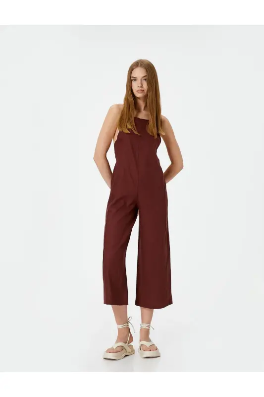 Linen Jumpsuit Capri Length Pockets Thin Straps Back - 2