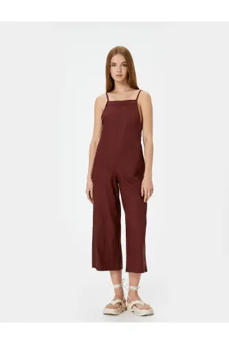 Linen Jumpsuit Capri Length Pockets Thin Straps Back - 3