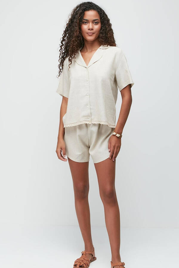 Linen Lace Detail Short Sleeve Shirt Shorts Set 9145 Beige - 6