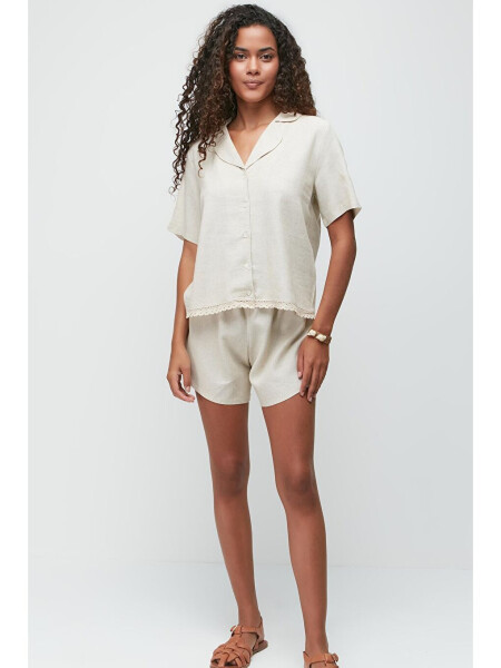 Linen Lace Detail Short Sleeve Shirt Shorts Set 9145 Beige - 1