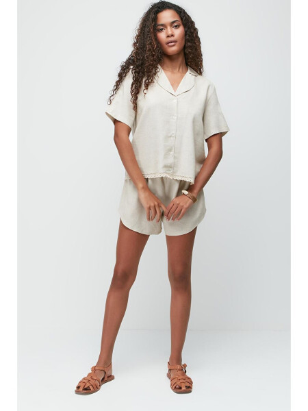 Linen Lace Detail Short Sleeve Shirt Shorts Set 9145 Beige - 2