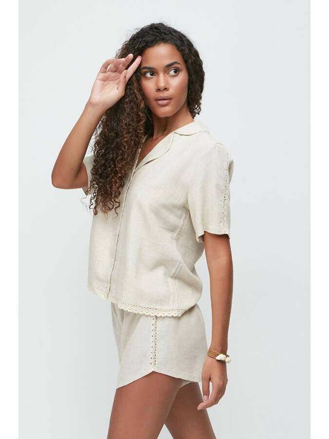 Linen Lace Detail Short Sleeve Shirt Shorts Set 9145 Beige - 3