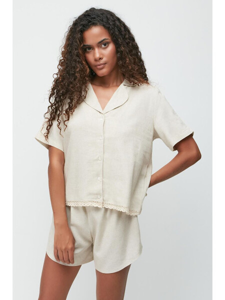 Linen Lace Detail Short Sleeve Shirt Shorts Set 9145 Beige - 4