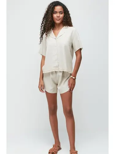 Linen Lace Detail Short Sleeve Shirt Shorts Set 9145 Beige-Beige - 1
