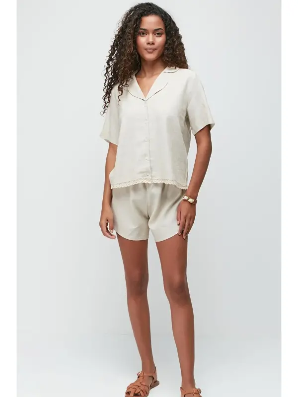 Linen Lace Detail Short Sleeve Shirt Shorts Set 9145 Beige-Beige - LC WAIKIKI