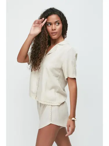 Linen Lace Detail Short Sleeve Shirt Shorts Set 9145 Beige-Beige - 3