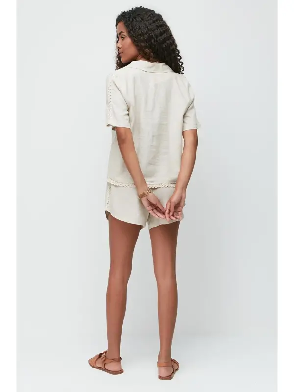 Linen Lace Detail Short Sleeve Shirt Shorts Set 9145 Beige-Beige - 5