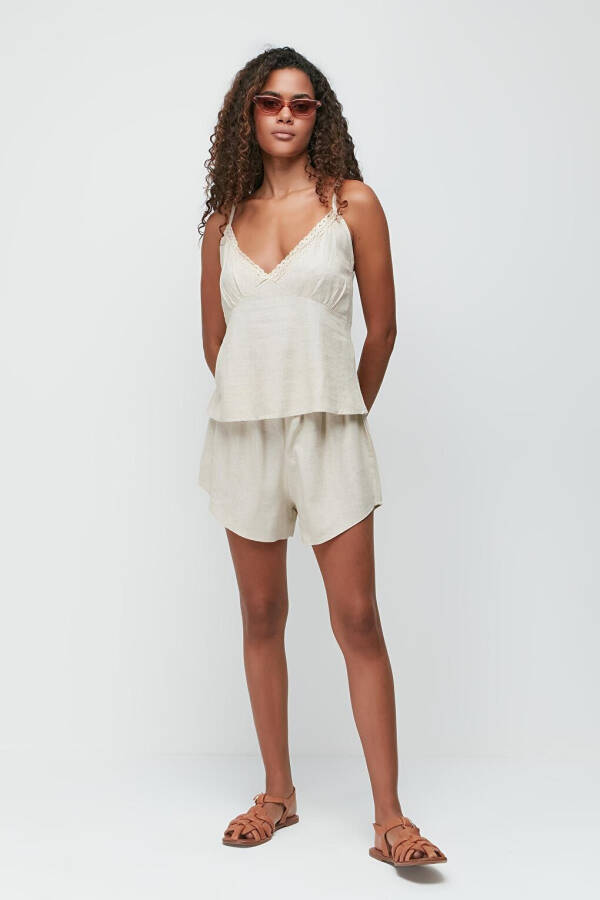 Linen Lace Detail Tank Top and Shorts Set 9146 Beige - 7