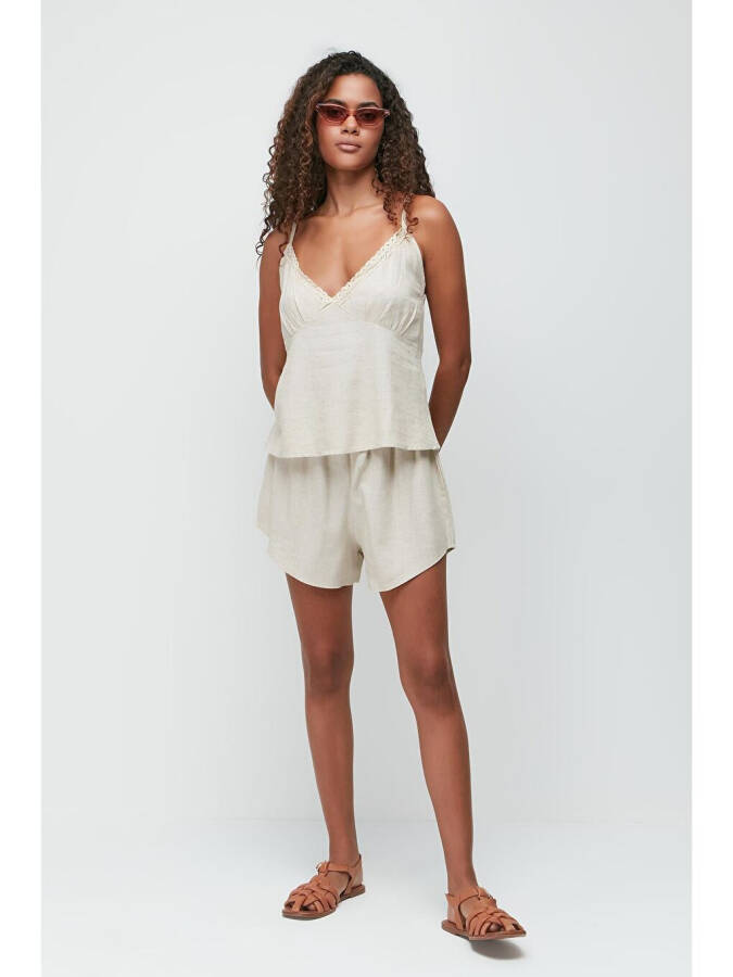 Linen Lace Detail Tank Top and Shorts Set 9146 Beige - 2