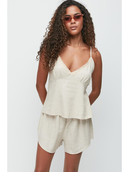 Linen Lace Detail Tank Top and Shorts Set 9146 Beige - 3