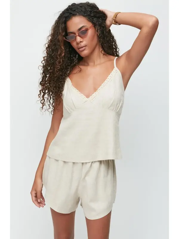 Linen Lace Detail Tank Top & Shorts Set 9146 Beige-Beige - 1