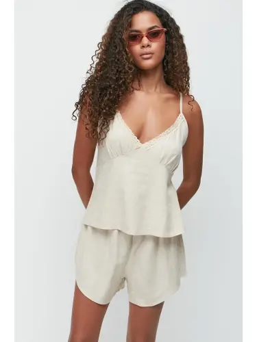 Linen Lace Detail Tank Top & Shorts Set 9146 Beige-Beige - 3