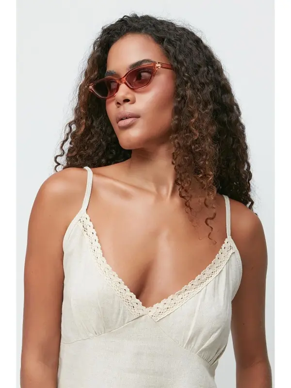 Linen Lace Detail Tank Top & Shorts Set 9146 Beige-Beige - 4