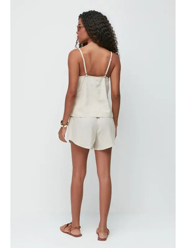 Linen Lace Detail Tank Top & Shorts Set 9146 Beige-Beige - 5