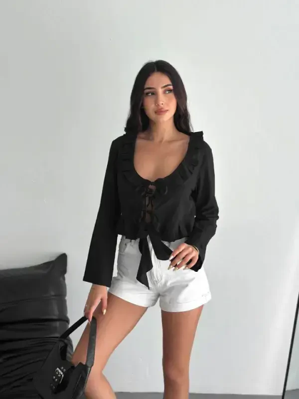 Linen Long Sleeve Tie Detail Blouse - Black - 1