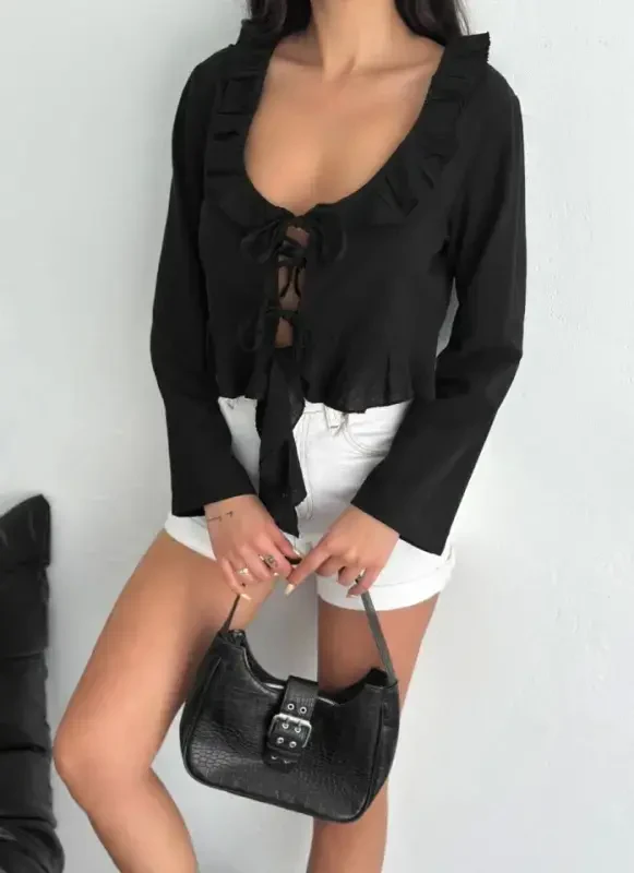 Linen Long Sleeve Tie Detail Blouse - Black - 2