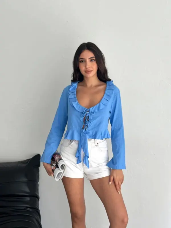 Linen Long Sleeve Tie Detail Blouse - Blue - 3