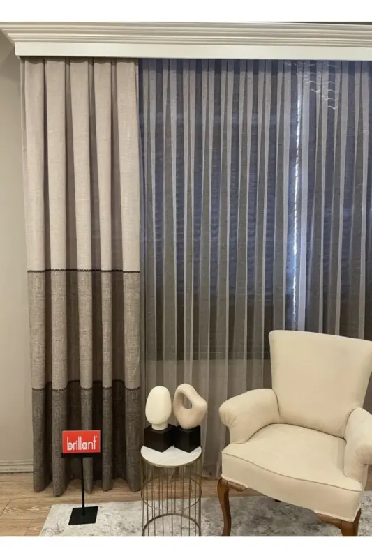 Linen Look Knitted Detail Pattern 1/2.50 Pile Curtain-Brown - BRILLANT