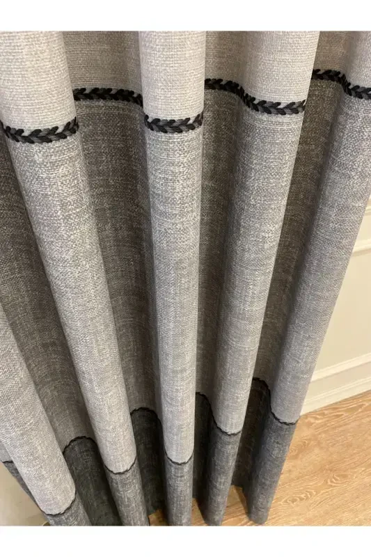 Linen Look Knitted Detailed Pattern 1/2.50 Pleat Blackout Curtain - Light Grey - 2