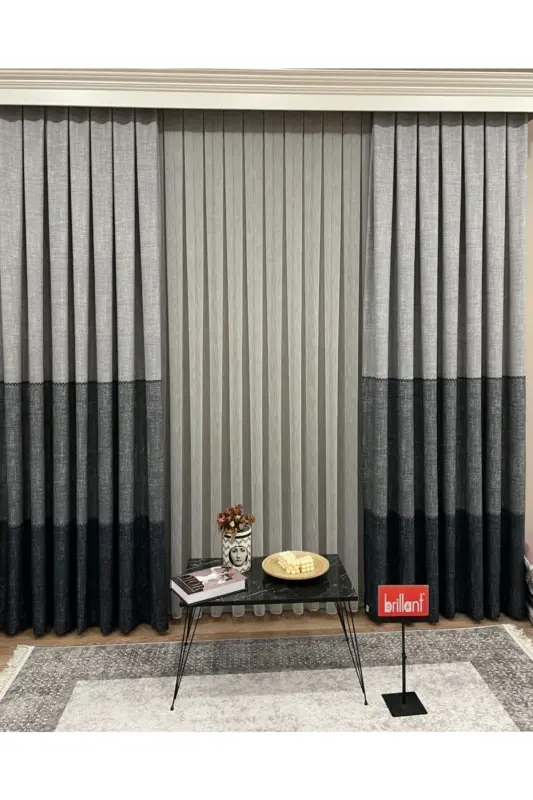 Linen Look Knitted Detailed Pattern 1/2.50 Pleated Curtain-Gray - 1