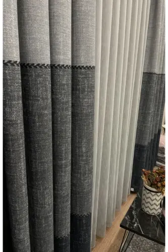 Linen Look Knitted Detailed Pattern 1/2.50 Pleated Curtain-Gray - 3