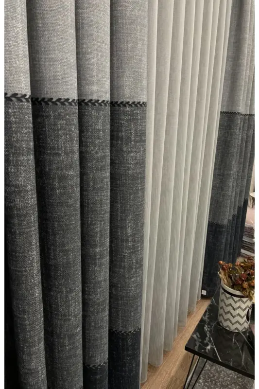 Linen Look Knitted Detailed Pattern 1/2.50 Pleated Curtain-Gray - 3
