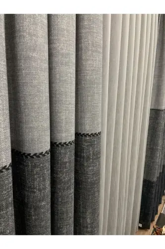 Linen Look Knitted Detailed Pattern 1/2.50 Pleated Curtain-Gray - 4