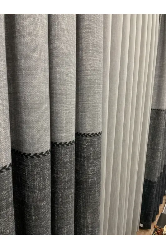 Linen Look Knitted Detailed Pattern 1/2.50 Pleated Curtain-Gray - 4
