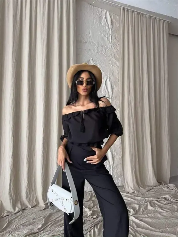 LINEN MADONNA COLLAR SLEEVE STRAW STRIPE - PANTS SUIT - Black - BÜYÜKBEDENIZ