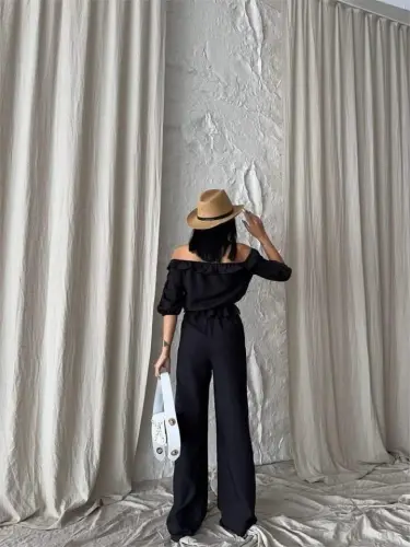 LINEN MADONNA COLLAR SLEEVE STRAW STRIPE - PANTS SUIT - Black - BÜYÜKBEDENIZ (1)